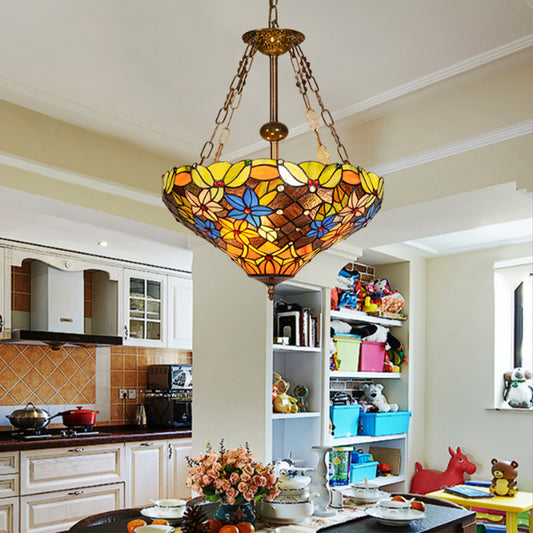 Floral Hanging Light Fixture 3 Bulbs Stained Glass Tiffany Lodge Ceiling Chandelier Light in Antique Brass Finish Antique Brass Clearhalo 'Ceiling Lights' 'Chandeliers' 'Industrial' 'Middle Century Chandeliers' 'Tiffany Chandeliers' 'Tiffany close to ceiling' 'Tiffany' Lighting' 177517