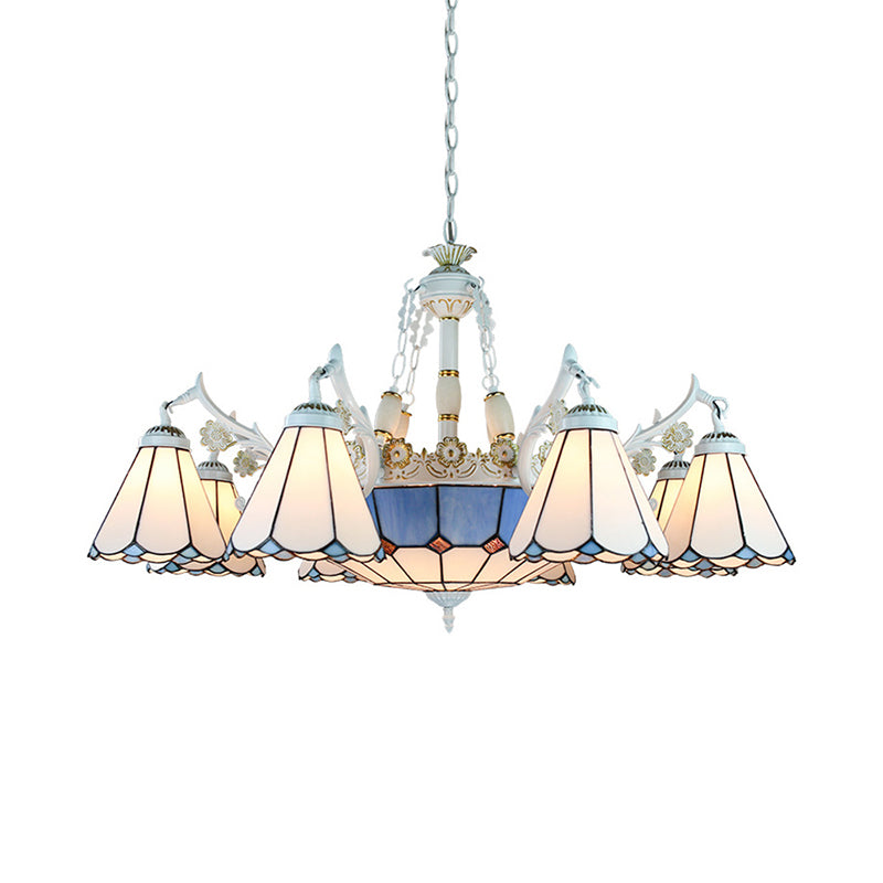 Stained Glass White Hanging Chandelier 11 Lights Tiffany Pendant Ceiling Light with Flower/Square/Diamond/Gem Pattern Clearhalo 'Ceiling Lights' 'Chandeliers' 'Industrial' 'Middle Century Chandeliers' 'Tiffany Chandeliers' 'Tiffany close to ceiling' 'Tiffany' Lighting' 177566