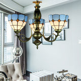 Brass Finish Bowl Chandelier with Metal Chain and Blue Glass Shade Vintage Tiffany 3 Lights Pendant Light Blue Clearhalo 'Ceiling Lights' 'Chandeliers' 'Industrial' 'Middle Century Chandeliers' 'Tiffany Chandeliers' 'Tiffany close to ceiling' 'Tiffany' Lighting' 177574