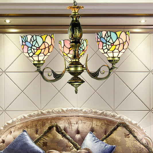 Stained Glass Pendant Lamp with Bowl Shade 3 Lights Rustic Chandelier Lighting in Multi Color Antique Bronze Clearhalo 'Ceiling Lights' 'Chandeliers' 'Industrial' 'Middle Century Chandeliers' 'Tiffany Chandeliers' 'Tiffany close to ceiling' 'Tiffany' Lighting' 177592