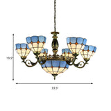 Blue 9 Lights Pendant Chandelier Nautical Stained Glass Dome Ceiling Light for Living Room Clearhalo 'Ceiling Lights' 'Chandeliers' 'Industrial' 'Middle Century Chandeliers' 'Pendant Lights' 'Tiffany Chandeliers' 'Tiffany close to ceiling' 'Tiffany' Lighting' 177619