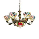 9 Lights Rose Chandelier Lighting Tiffany Style Red and Blue Stained Glass Pendant Lamp for Bedroom Clearhalo 'Ceiling Lights' 'Chandeliers' 'Industrial' 'Middle Century Chandeliers' 'Tiffany Chandeliers' 'Tiffany close to ceiling' 'Tiffany' Lighting' 177626