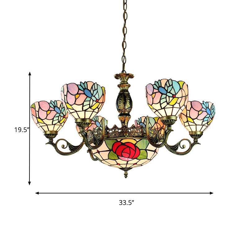 9 Lights Rose Chandelier Lighting Tiffany Style Red and Blue Stained Glass Pendant Lamp for Bedroom Clearhalo 'Ceiling Lights' 'Chandeliers' 'Industrial' 'Middle Century Chandeliers' 'Tiffany Chandeliers' 'Tiffany close to ceiling' 'Tiffany' Lighting' 177627