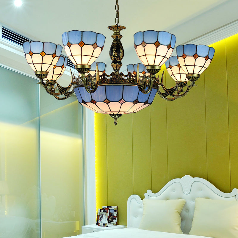 Bowl Shaped Chandelier Lighting Mediterranean Cut Glass 11 Lights Blue Hanging Ceiling Light Blue Clearhalo 'Ceiling Lights' 'Chandeliers' 'Industrial' 'Middle Century Chandeliers' 'Tiffany Chandeliers' 'Tiffany close to ceiling' 'Tiffany' Lighting' 177632