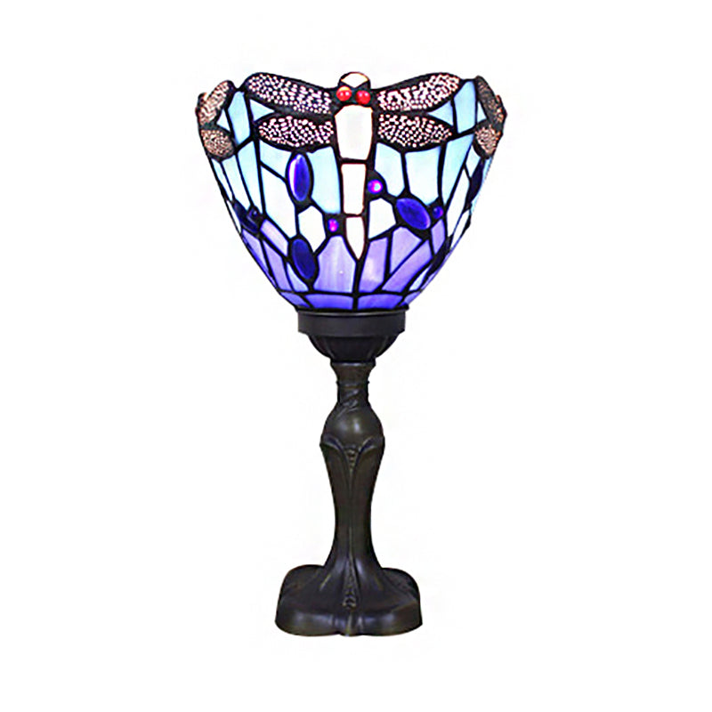 Blue Torch Table Light with Gem/Dragonfly Pattern Tiffany Traditional Stained Glass Desk Lamp for Cafe Living Room Clearhalo 'Lamps' 'Table Lamps' Lighting' 177834