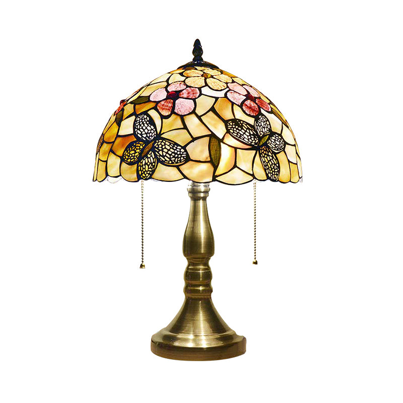 Antique Tiffany Dome Desk Light with Blue Flower/Dragonfly/Butterfly 2 Lights Stained Glass Table Light for Bedroom Clearhalo 'Lamps' 'Table Lamps' Lighting' 177875