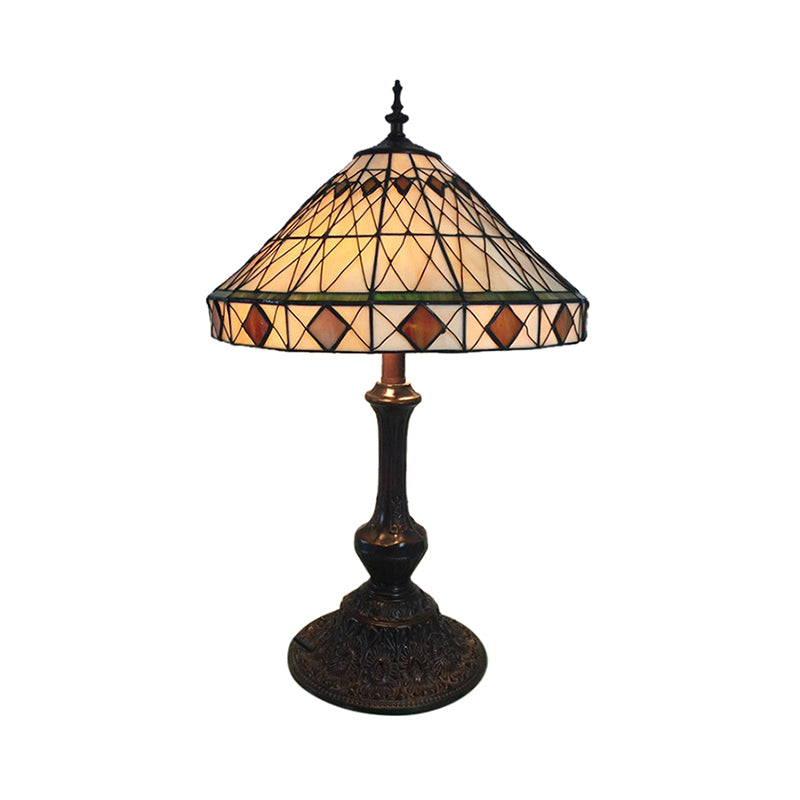 Beige Conical Desk Light with Rhombus 1 Bulb Tiffany Antique Art Glass Table Light for Living Room Clearhalo 'Lamps' 'Table Lamps' Lighting' 177922