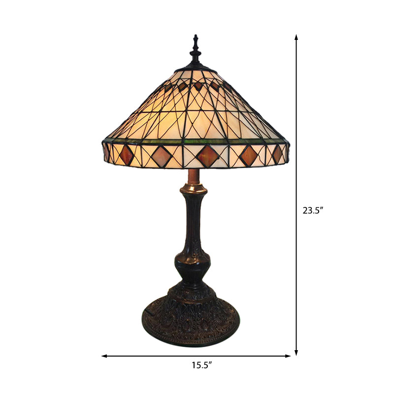 Beige Conical Desk Light with Rhombus 1 Bulb Tiffany Antique Art Glass Table Light for Living Room Clearhalo 'Lamps' 'Table Lamps' Lighting' 177923