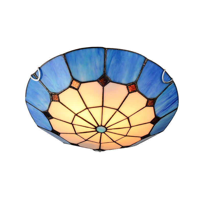 12"/16" Wide Art Glass Grid Bowl Ceiling Mount Light Tiffany Antique Ceiling Lamp in Blue/Orange/Yellow for Bedroom Clearhalo 'Ceiling Lights' 'Close To Ceiling Lights' 'Close to ceiling' 'Flush mount' Lighting' 177977