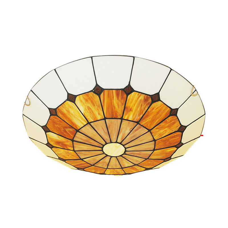 12"/16" Wide Art Glass Grid Bowl Ceiling Mount Light Tiffany Antique Ceiling Lamp in Blue/Orange/Yellow for Bedroom Clearhalo 'Ceiling Lights' 'Close To Ceiling Lights' 'Close to ceiling' 'Flush mount' Lighting' 177980