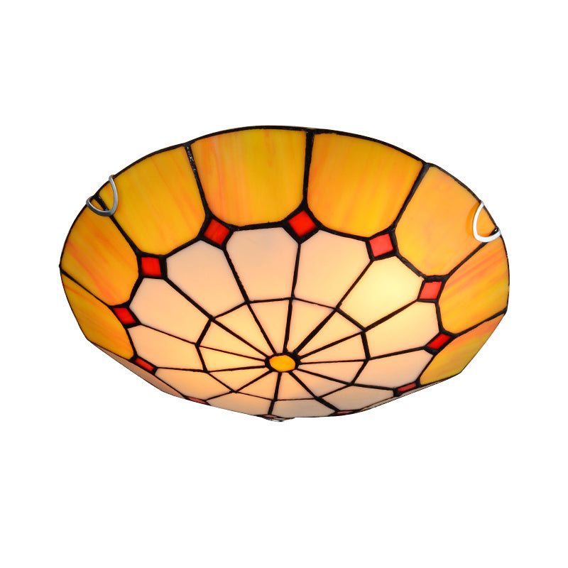 12"/16" Wide Art Glass Grid Bowl Ceiling Mount Light Tiffany Antique Ceiling Lamp in Blue/Orange/Yellow for Bedroom Clearhalo 'Ceiling Lights' 'Close To Ceiling Lights' 'Close to ceiling' 'Flush mount' Lighting' 177983