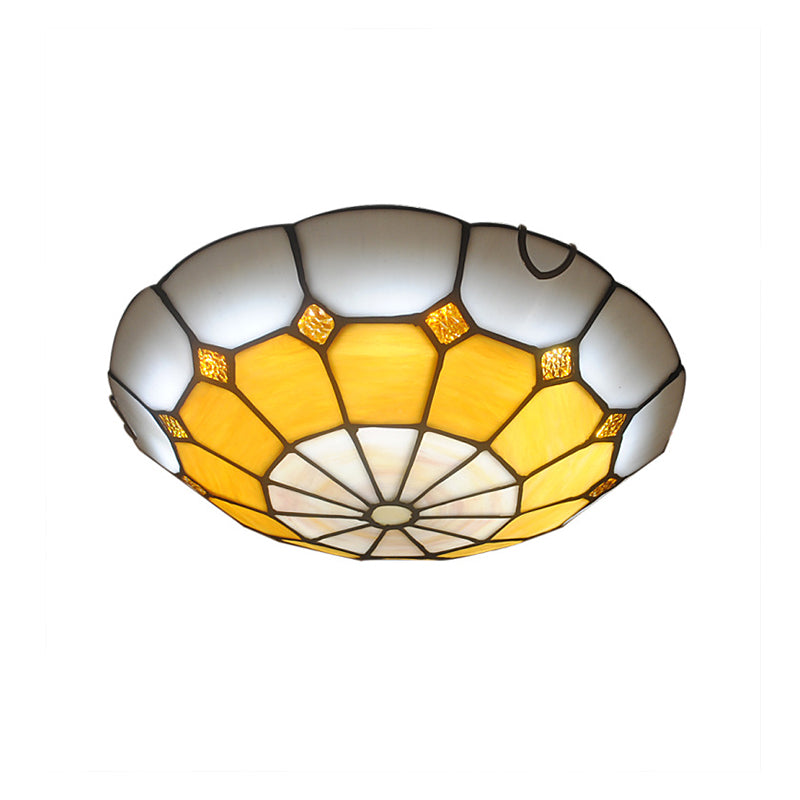 12"/16" Wide Art Glass Grid Bowl Ceiling Mount Light Tiffany Antique Ceiling Lamp in Blue/Orange/Yellow for Bedroom Clearhalo 'Ceiling Lights' 'Close To Ceiling Lights' 'Close to ceiling' 'Flush mount' Lighting' 177986