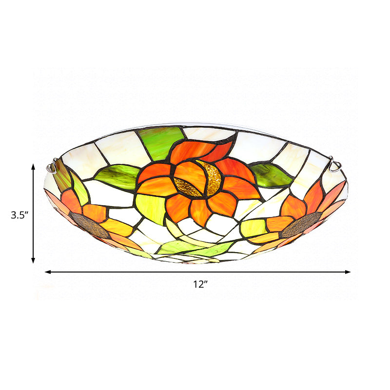 Hotel Dome Flush Mount Light with Sunflower Pattern Stained Glass Orange Ceiling Lamp Clearhalo 'Ceiling Lights' 'Close To Ceiling Lights' 'Close to ceiling' 'Flush mount' Lighting' 178000