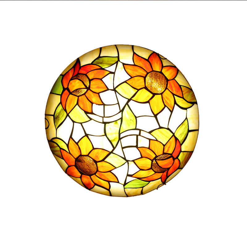 Hotel Dome Flush Mount Light with Sunflower Pattern Stained Glass Orange Ceiling Lamp Clearhalo 'Ceiling Lights' 'Close To Ceiling Lights' 'Close to ceiling' 'Flush mount' Lighting' 178001