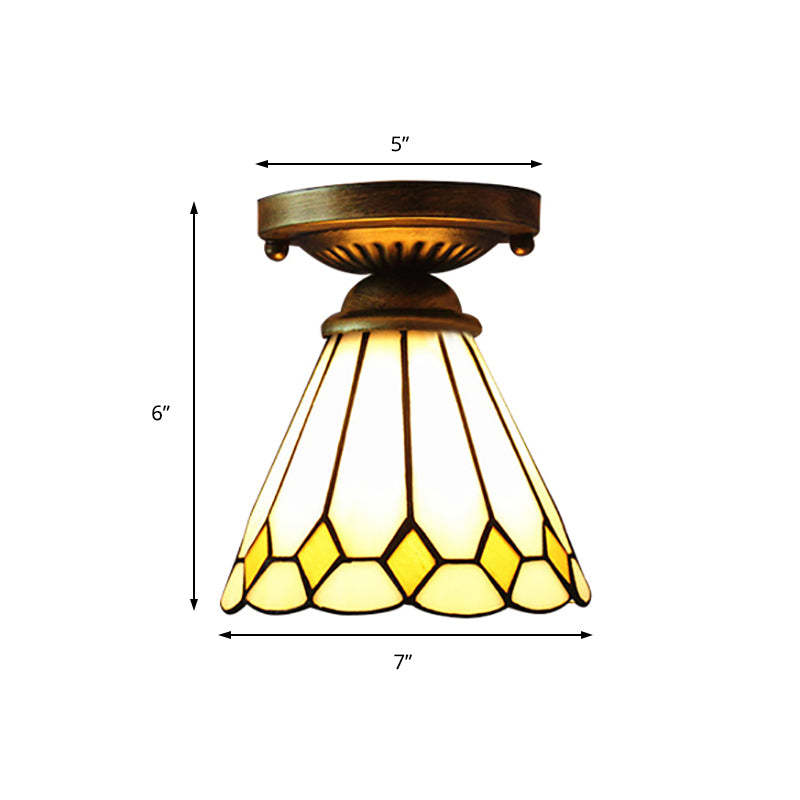 Shuttlecock Foyer Stair Ceiling Mount Light with Rhombus/Leaf Art Glass 1 Bulb Tiffany Ceiling Lamp in Bronze Finish Clearhalo 'Ceiling Lights' 'Close To Ceiling Lights' 'Close to ceiling' 'Glass shade' 'Glass' 'Pendant Lights' 'Semi-flushmount' 'Tiffany close to ceiling' 'Tiffany' Lighting' 178054