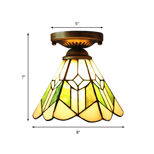 Shuttlecock Foyer Stair Ceiling Mount Light with Rhombus/Leaf Art Glass 1 Bulb Tiffany Ceiling Lamp in Bronze Finish Clearhalo 'Ceiling Lights' 'Close To Ceiling Lights' 'Close to ceiling' 'Glass shade' 'Glass' 'Pendant Lights' 'Semi-flushmount' 'Tiffany close to ceiling' 'Tiffany' Lighting' 178057