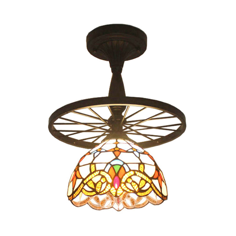 Tiffany Domed Semi Flush Mount Light with Wheel 1 Bulb Stained Glass Ceiling Light in Orange/Beige for Bedroom Clearhalo 'Ceiling Lights' 'Close To Ceiling Lights' 'Close to ceiling' 'Glass shade' 'Glass' 'Semi-flushmount' 'Tiffany close to ceiling' 'Tiffany' Lighting' 178105
