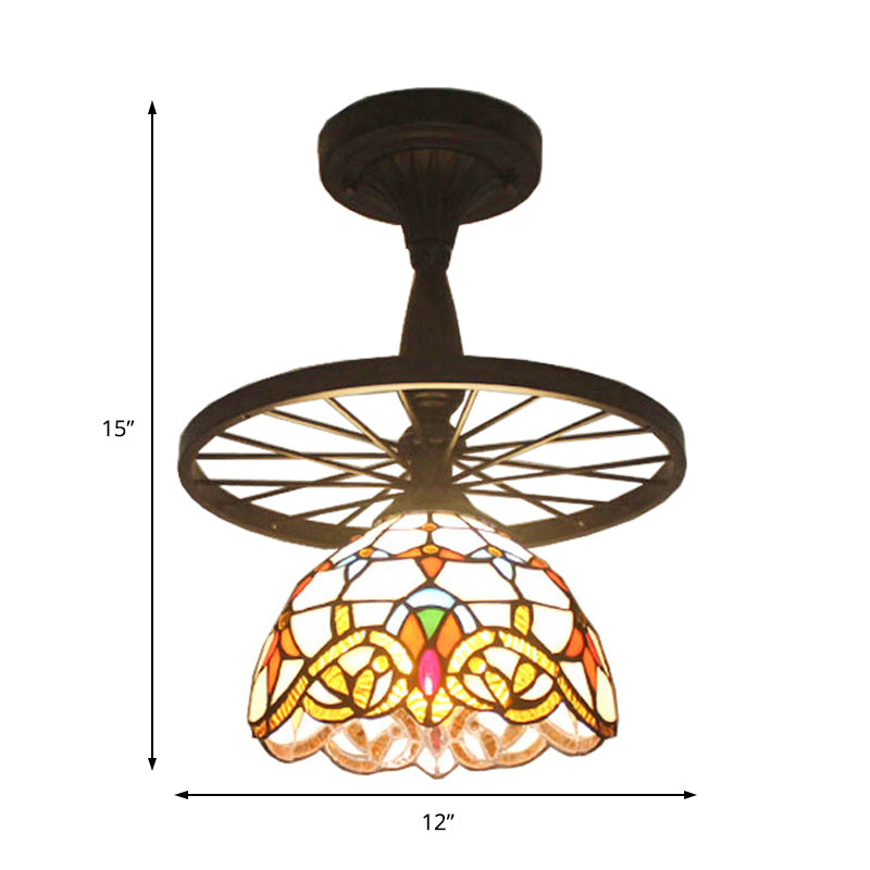 Tiffany Domed Semi Flush Mount Light with Wheel 1 Bulb Stained Glass Ceiling Light in Orange/Beige for Bedroom Clearhalo 'Ceiling Lights' 'Close To Ceiling Lights' 'Close to ceiling' 'Glass shade' 'Glass' 'Semi-flushmount' 'Tiffany close to ceiling' 'Tiffany' Lighting' 178106