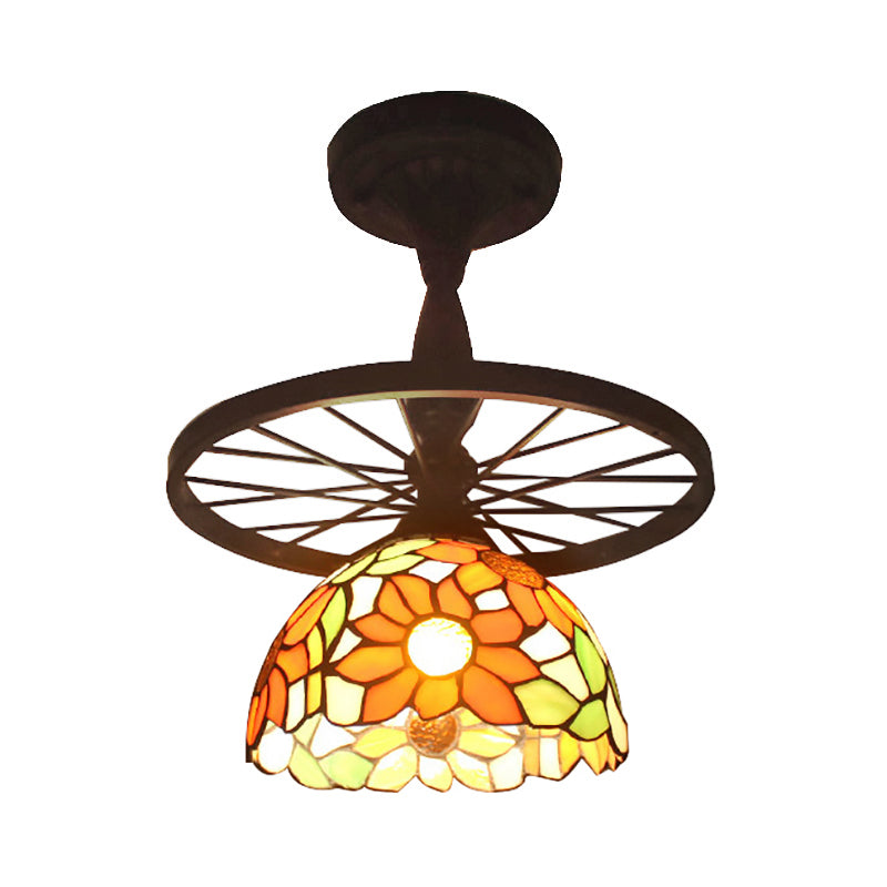 Tiffany Domed Semi Flush Mount Light with Wheel 1 Bulb Stained Glass Ceiling Light in Orange/Beige for Bedroom Clearhalo 'Ceiling Lights' 'Close To Ceiling Lights' 'Close to ceiling' 'Glass shade' 'Glass' 'Semi-flushmount' 'Tiffany close to ceiling' 'Tiffany' Lighting' 178108