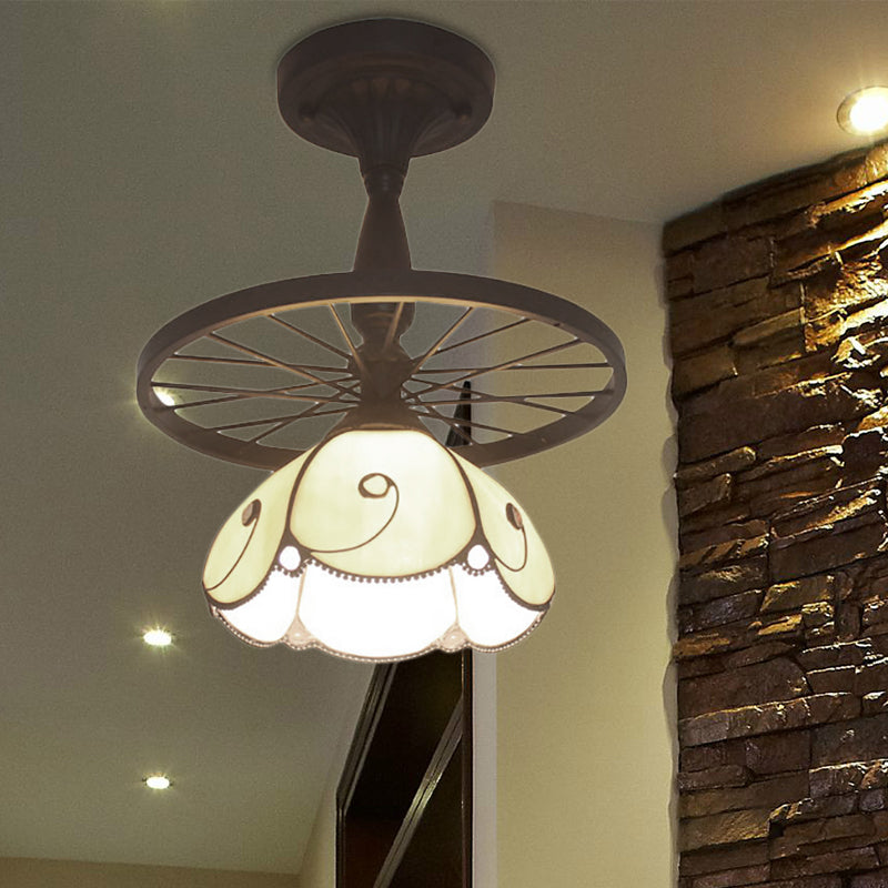 Beige Petal Shaped Semi Flush Ceiling Light with Wheel 1 Light Tiffany Industrial Glass Ceiling Lamp for Cafe Clearhalo 'Ceiling Lights' 'Close To Ceiling Lights' 'Close to ceiling' 'Glass shade' 'Glass' 'Semi-flushmount' 'Tiffany close to ceiling' 'Tiffany' Lighting' 178111