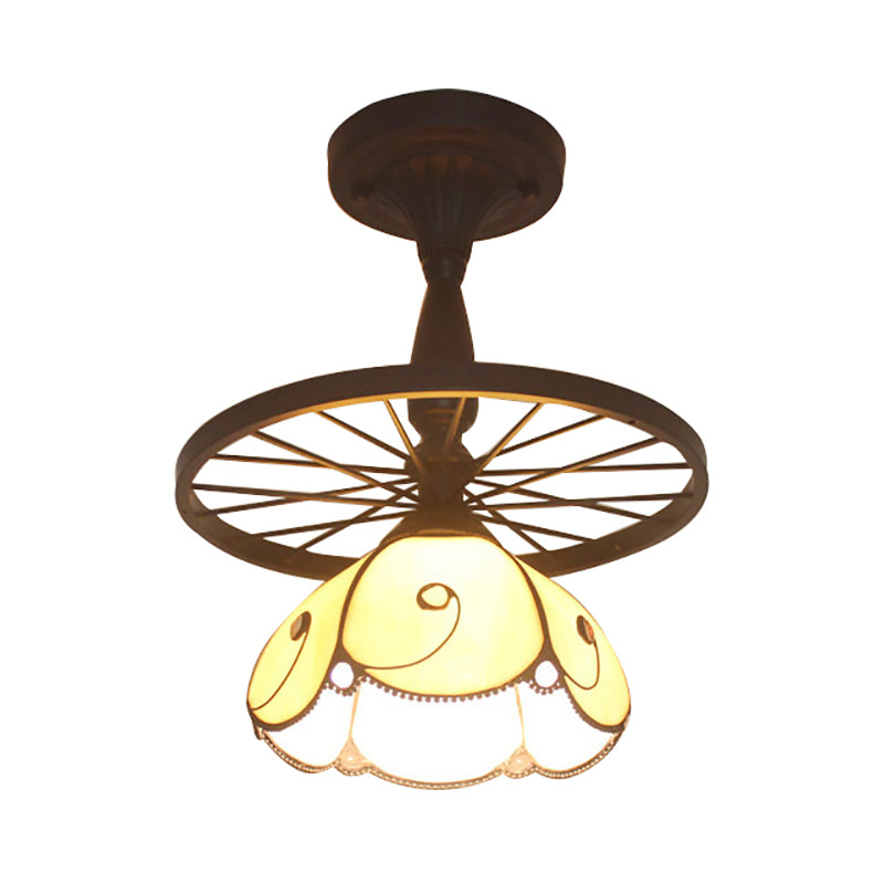 Beige Petal Shaped Semi Flush Ceiling Light with Wheel 1 Light Tiffany Industrial Glass Ceiling Lamp for Cafe Clearhalo 'Ceiling Lights' 'Close To Ceiling Lights' 'Close to ceiling' 'Glass shade' 'Glass' 'Semi-flushmount' 'Tiffany close to ceiling' 'Tiffany' Lighting' 178112