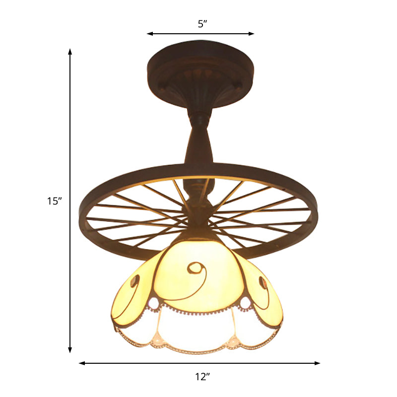 Beige Petal Shaped Semi Flush Ceiling Light with Wheel 1 Light Tiffany Industrial Glass Ceiling Lamp for Cafe Clearhalo 'Ceiling Lights' 'Close To Ceiling Lights' 'Close to ceiling' 'Glass shade' 'Glass' 'Semi-flushmount' 'Tiffany close to ceiling' 'Tiffany' Lighting' 178113