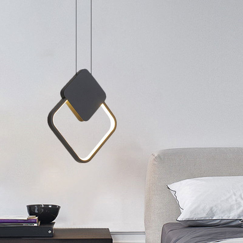 Metal Round/Rhombus Ceiling Pendant Modernist LED Black Hanging Lamp Kit in Warm/White Light for Bedroom Black Rhombus Clearhalo 'Ceiling Lights' 'Modern Pendants' 'Modern' 'Pendant Lights' 'Pendants' Lighting' 1781228