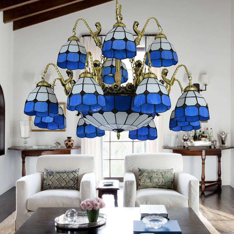 15 Lights Living Room Ceiling Lamp Tiffany Style Blue Chandelier Light with Dome Cut Glass Shade Blue Clearhalo 'Ceiling Lights' 'Chandeliers' 'Industrial' 'Middle Century Chandeliers' 'Tiffany Chandeliers' 'Tiffany close to ceiling' 'Tiffany' Lighting' 178129