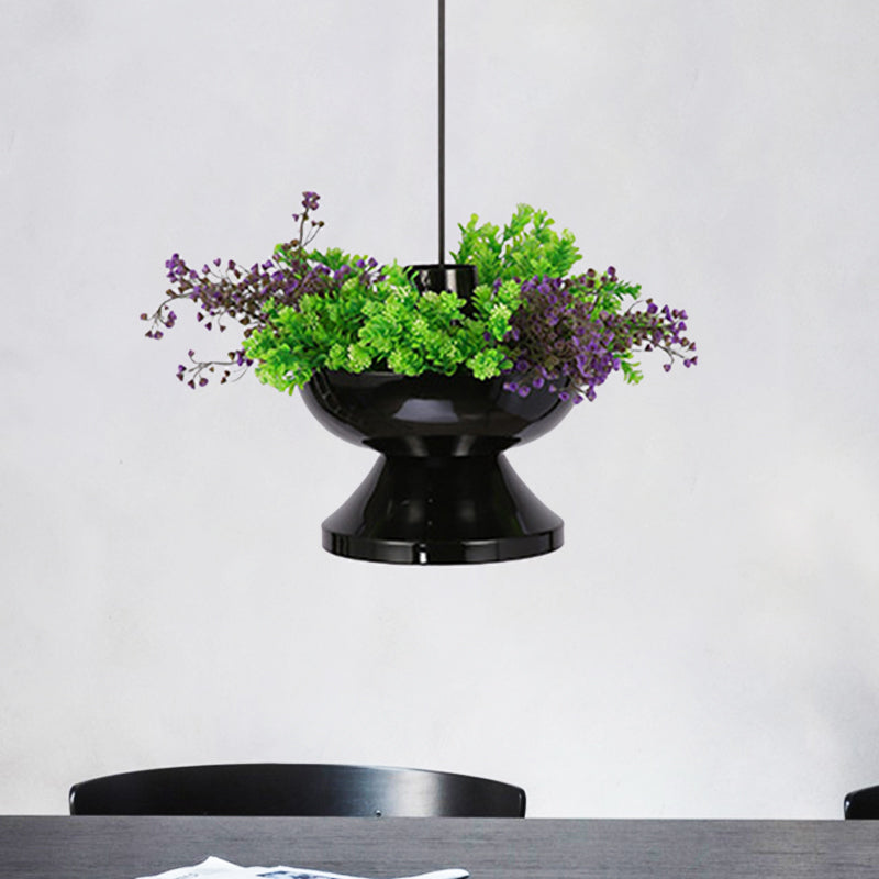 Metal Hot Pot Drop Pendant Farmhouse 1 Head Dining Room LED Hanging Ceiling Light in Black with Artificial Plant Deco Black Clearhalo 'Ceiling Lights' 'Pendant Lights' 'Pendants' Lighting' 1781331_7dbd2fc3-5198-44ff-a596-ae02f88a59ef