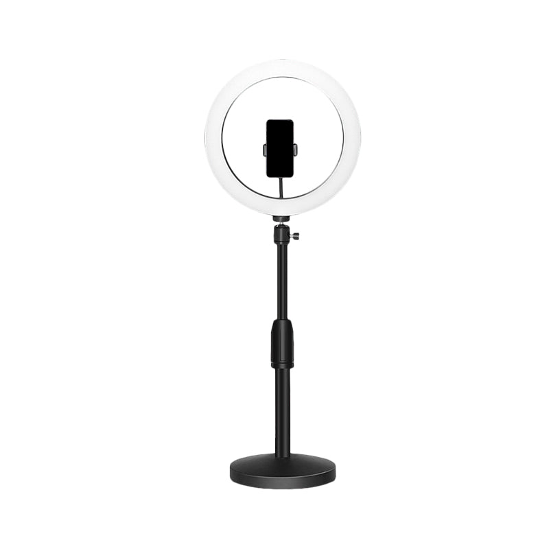 Minimalist Circular Make-Up Lamp Metal Mobile Phone Holder USB LED Fill-in Flash Light in Black Clearhalo 'Cast Iron' 'Glass' 'Industrial' 'Modern wall lights' 'Modern' 'Tiffany' 'Traditional wall lights' 'Vanity Lights' 'Wall Lights' Lighting' 1781352