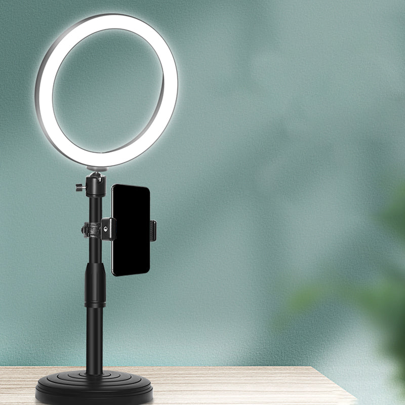 Minimalist Circular Make-Up Lamp Metal Mobile Phone Holder USB LED Fill-in Flash Light in Black Black USB A Clearhalo 'Cast Iron' 'Glass' 'Industrial' 'Modern wall lights' 'Modern' 'Tiffany' 'Traditional wall lights' 'Vanity Lights' 'Wall Lights' Lighting' 1781355