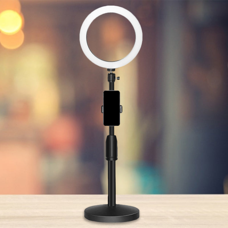 Minimalist Circular Make-Up Lamp Metal Mobile Phone Holder USB LED Fill-in Flash Light in Black Clearhalo 'Cast Iron' 'Glass' 'Industrial' 'Modern wall lights' 'Modern' 'Tiffany' 'Traditional wall lights' 'Vanity Lights' 'Wall Lights' Lighting' 1781356
