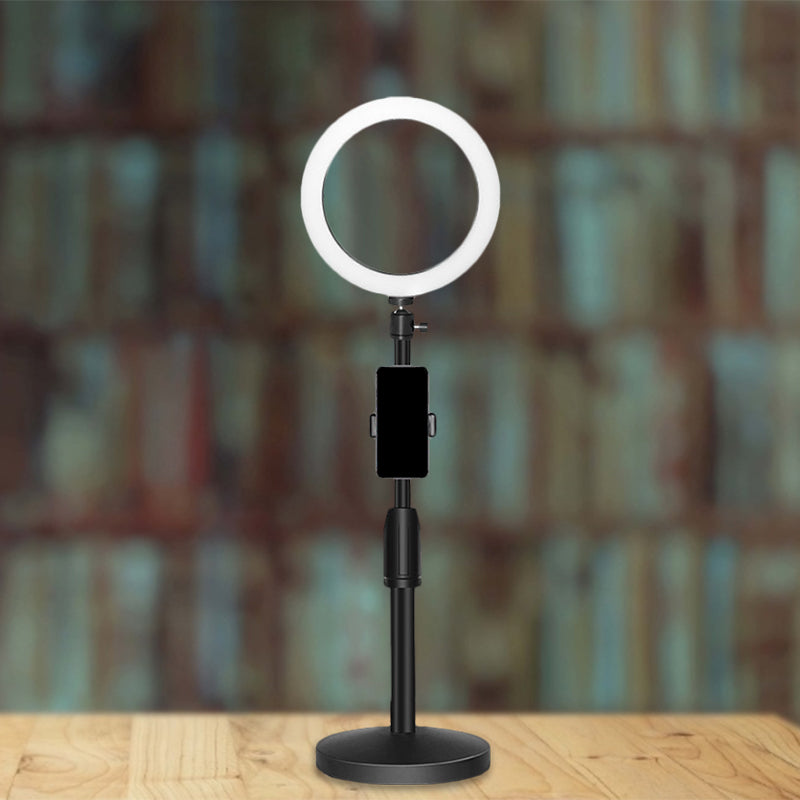 Minimalist Circular Make-Up Lamp Metal Mobile Phone Holder USB LED Fill-in Flash Light in Black Clearhalo 'Cast Iron' 'Glass' 'Industrial' 'Modern wall lights' 'Modern' 'Tiffany' 'Traditional wall lights' 'Vanity Lights' 'Wall Lights' Lighting' 1781357