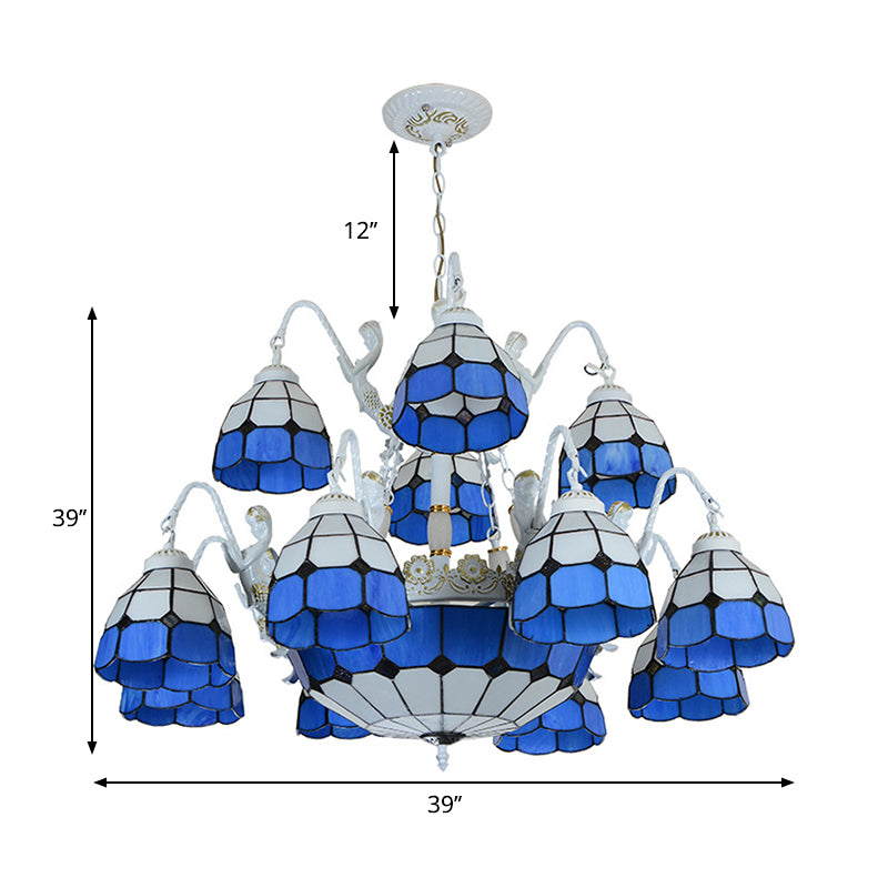 Blue Grid Patterned Pendant Light Tiffany 15 Lights Stained Glass Chandelier Lamp with Mermaid Decoration Clearhalo 'Ceiling Lights' 'Chandeliers' 'Industrial' 'Middle Century Chandeliers' 'Pendant Lights' 'Tiffany Chandeliers' 'Tiffany close to ceiling' 'Tiffany' Lighting' 178137