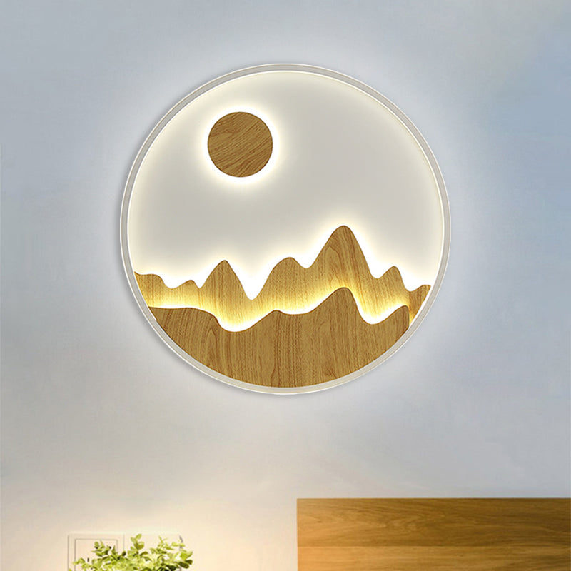 Wooden Circular Wall Mural Lamp Asia Mountain and Sun LED Wall Lighting Ideas in Yellow Yellow Clearhalo 'Wall Lamps & Sconces' 'Wall Lights' Lighting' 1781376