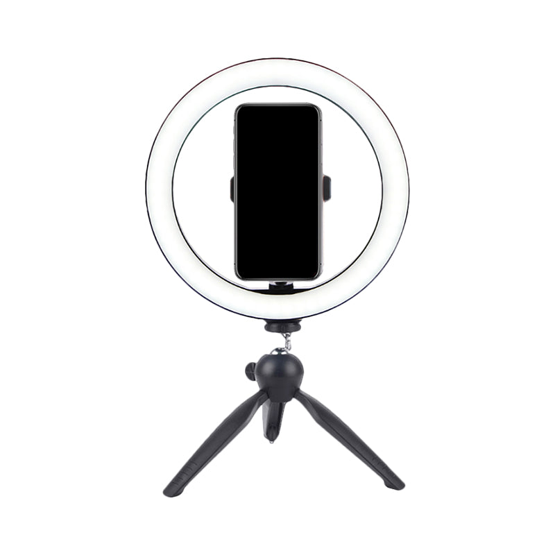 Circle Make-Up Lighting Modern Metal Mobile Phone Holder LED Fill Lamp in Black with Tripod Design Clearhalo 'Cast Iron' 'Glass' 'Industrial' 'Modern wall lights' 'Modern' 'Tiffany' 'Traditional wall lights' 'Vanity Lights' 'Wall Lights' Lighting' 1781432