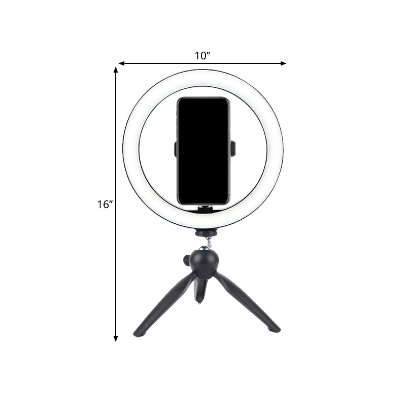 Circle Make-Up Lighting Modern Metal Mobile Phone Holder LED Fill Lamp in Black with Tripod Design Clearhalo 'Cast Iron' 'Glass' 'Industrial' 'Modern wall lights' 'Modern' 'Tiffany' 'Traditional wall lights' 'Vanity Lights' 'Wall Lights' Lighting' 1781433