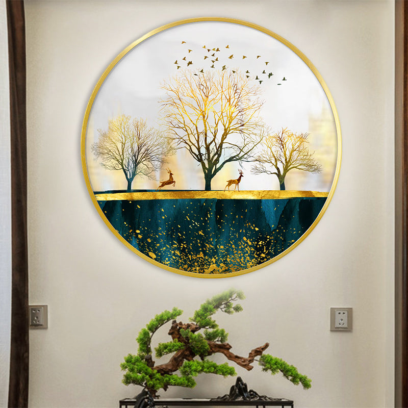 Fabric Circle Wall Mounted Light Asian LED Green Wall Mural Lamp with Elk and Bird/Tree Pattern Clearhalo 'Wall Lamps & Sconces' 'Wall Lights' Lighting' 1781435