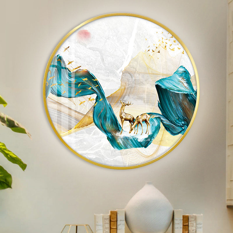 Fabric Circle Wall Mounted Light Asian LED Green Wall Mural Lamp with Elk and Bird/Tree Pattern Green A Clearhalo 'Wall Lamps & Sconces' 'Wall Lights' Lighting' 1781438