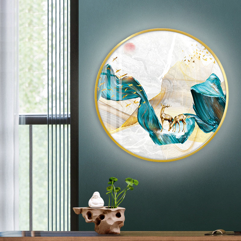 Fabric Circle Wall Mounted Light Asian LED Green Wall Mural Lamp with Elk and Bird/Tree Pattern Clearhalo 'Wall Lamps & Sconces' 'Wall Lights' Lighting' 1781440