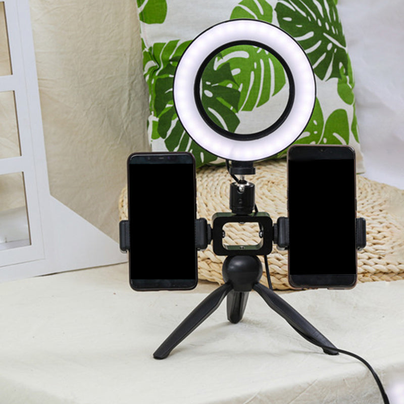 Modernist Circle Make-Up Lamp Metal Mobile Phone Support LED Tripod Fill Lighting in Black Clearhalo 'Cast Iron' 'Glass' 'Industrial' 'Modern wall lights' 'Modern' 'Tiffany' 'Traditional wall lights' 'Vanity Lights' 'Wall Lights' Lighting' 1781460