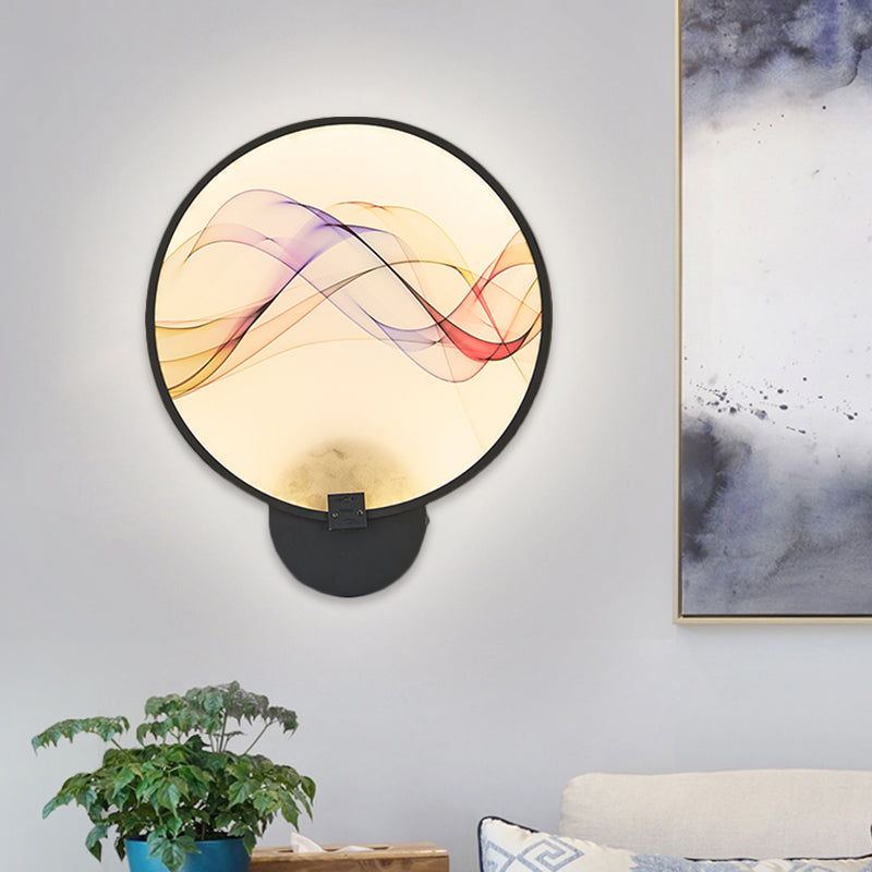 Circle Flush Wall Mural Sconce Asia Fabric White/Beige LED Silk Wall Mounted Lighting Fixture White Clearhalo 'Wall Lamps & Sconces' 'Wall Lights' Lighting' 1781463