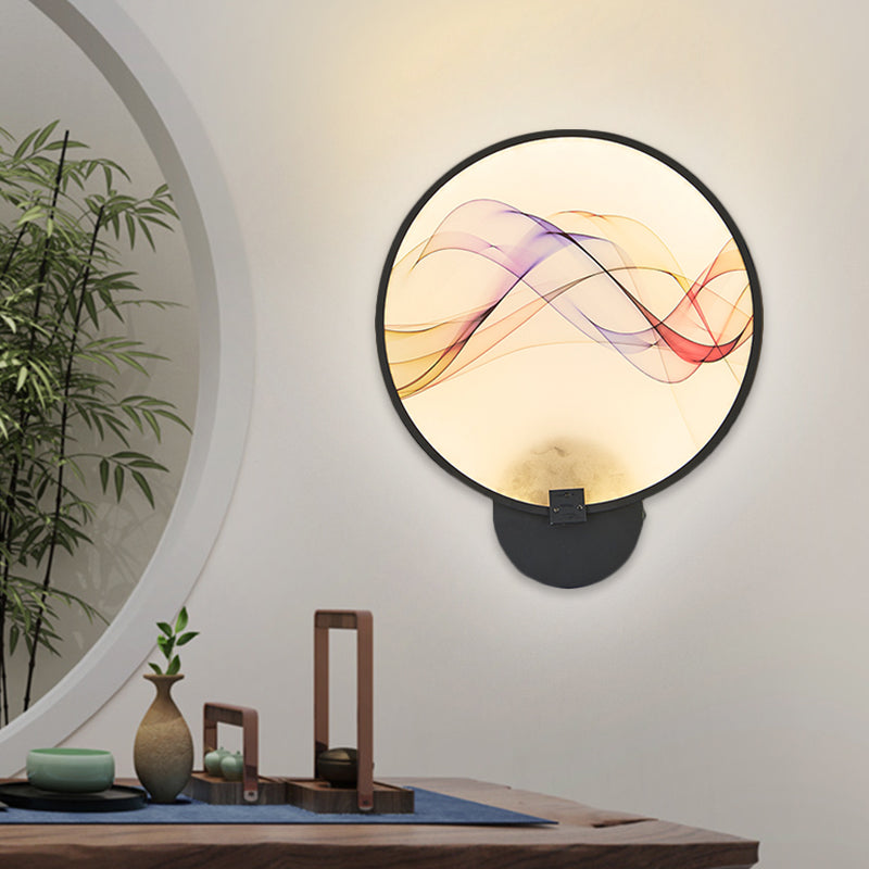 Circle Flush Wall Mural Sconce Asia Fabric White/Beige LED Silk Wall Mounted Lighting Fixture Clearhalo 'Wall Lamps & Sconces' 'Wall Lights' Lighting' 1781464