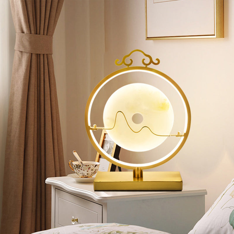 Loop Night Table Lamp Simple Metal 11"/12" W LED Bedroom Night Lighting in Brass with Round Jade Deco Brass Clearhalo 'Lamps' 'Table Lamps' Lighting' 1781580