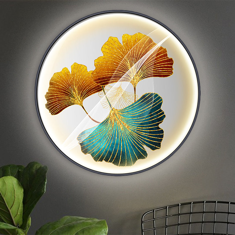 Asian Round Wall Mural Mount Lamp Fabric LED Corridor Wall Sconce Light with Ginkgo Leaf Pattern in Yellow/Yellow-Green Yellow-Green Clearhalo 'Wall Lamps & Sconces' 'Wall Lights' Lighting' 1781644