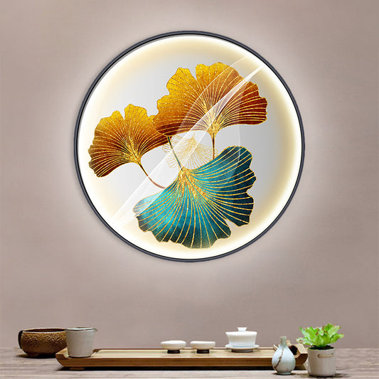 Asian Round Wall Mural Mount Lamp Fabric LED Corridor Wall Sconce Light with Ginkgo Leaf Pattern in Yellow/Yellow-Green Clearhalo 'Wall Lamps & Sconces' 'Wall Lights' Lighting' 1781645