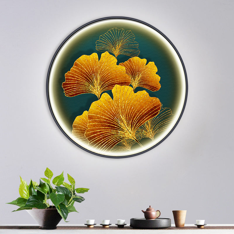 Asian Round Wall Mural Mount Lamp Fabric LED Corridor Wall Sconce Light with Ginkgo Leaf Pattern in Yellow/Yellow-Green Yellow Clearhalo 'Wall Lamps & Sconces' 'Wall Lights' Lighting' 1781648