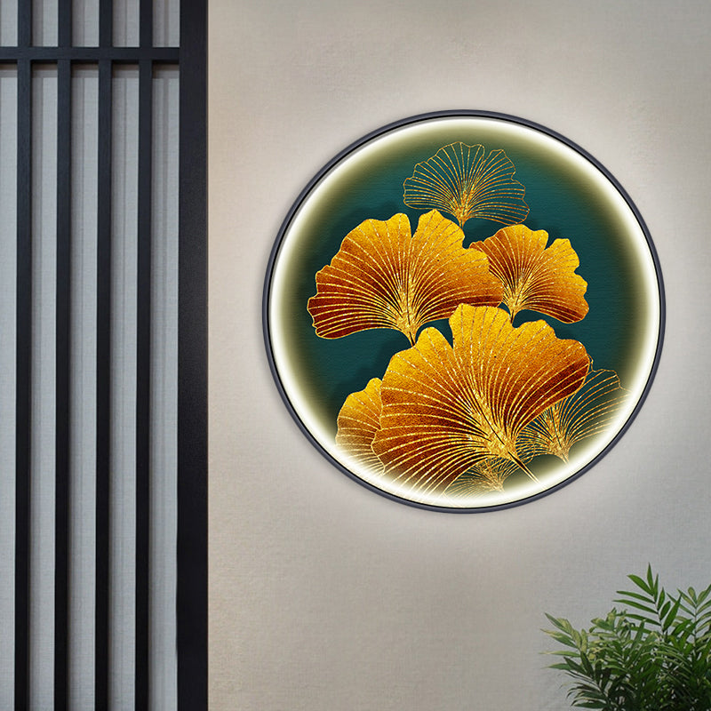 Asian Round Wall Mural Mount Lamp Fabric LED Corridor Wall Sconce Light with Ginkgo Leaf Pattern in Yellow/Yellow-Green Clearhalo 'Wall Lamps & Sconces' 'Wall Lights' Lighting' 1781649