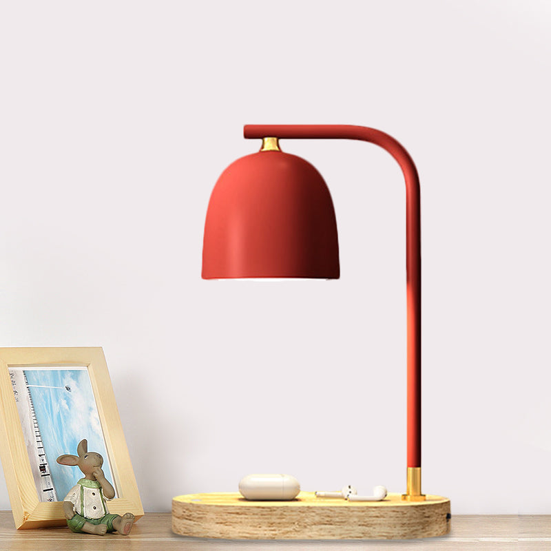 Minimalist 1 Head Nightstand Light Black/White/Red Finish Dome Wooden Night Lamp with Metallic Shade Clearhalo 'Lamps' 'Table Lamps' Lighting' 1781691
