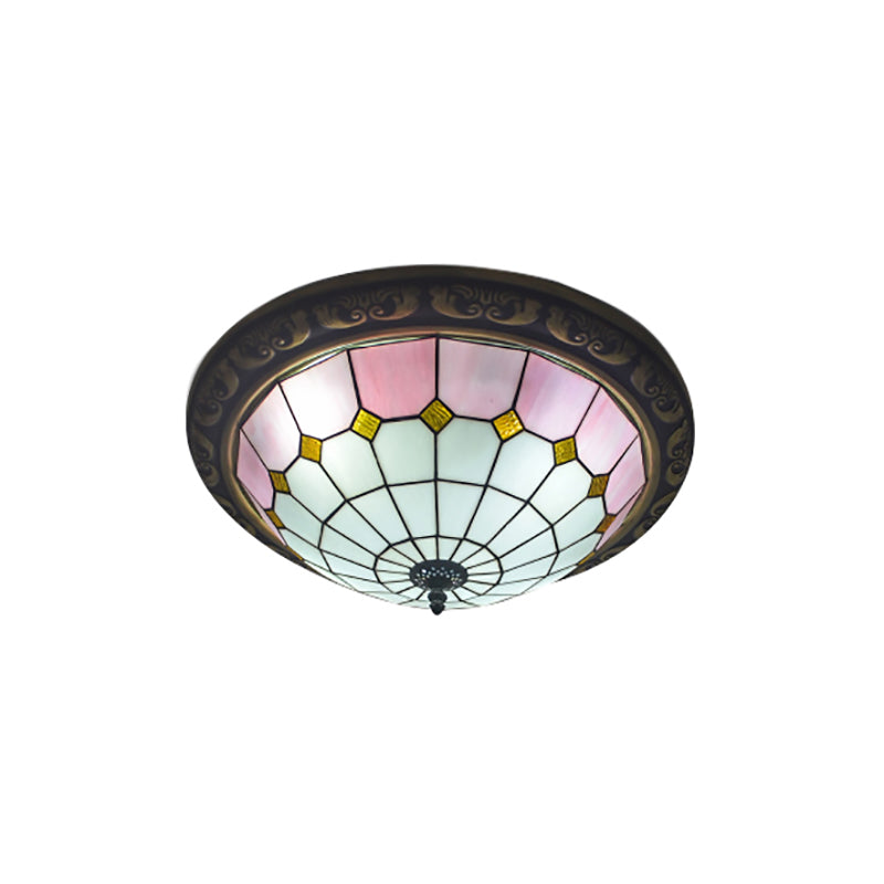 19.5 Inch Lattice Bowl Ceiling Mount Light Art Glass Tiffany Traditional Ceiling Lamp in Pink/Blue Clearhalo 'Ceiling Lights' 'Close To Ceiling Lights' 'Close to ceiling' 'Flush mount' Lighting' 178170